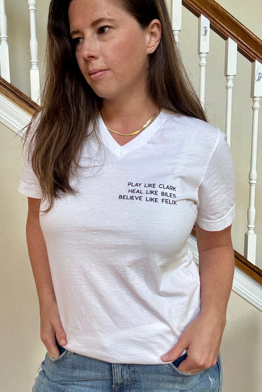 Female GOATs Tee – Play Like Clark, Heal Like Biles, Believe Like Felix